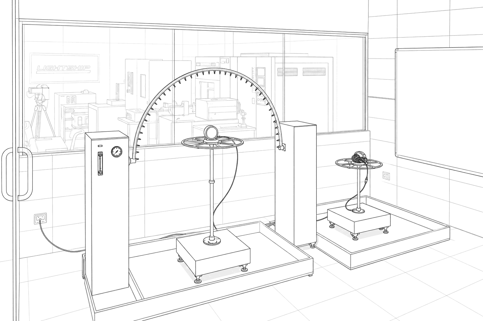 Cutaway drawing of the laboratory: a goniophotometer arc over a luminaire on its mount, with a second test station and the instrument room beyond the glazing.